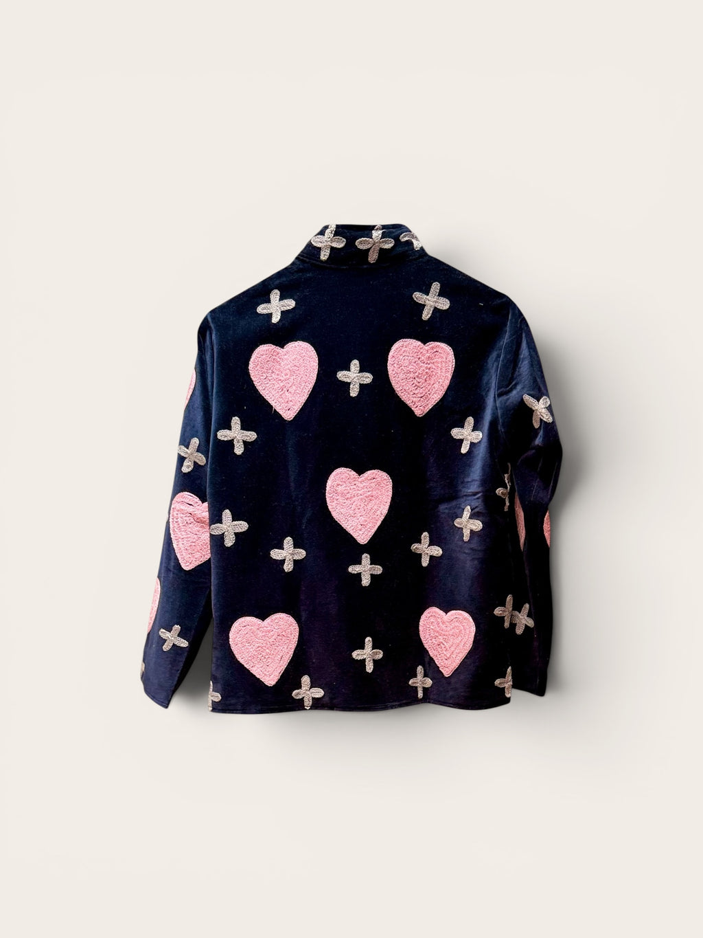 Suzani Velvet Dark Navy Jacket: Pink Heart