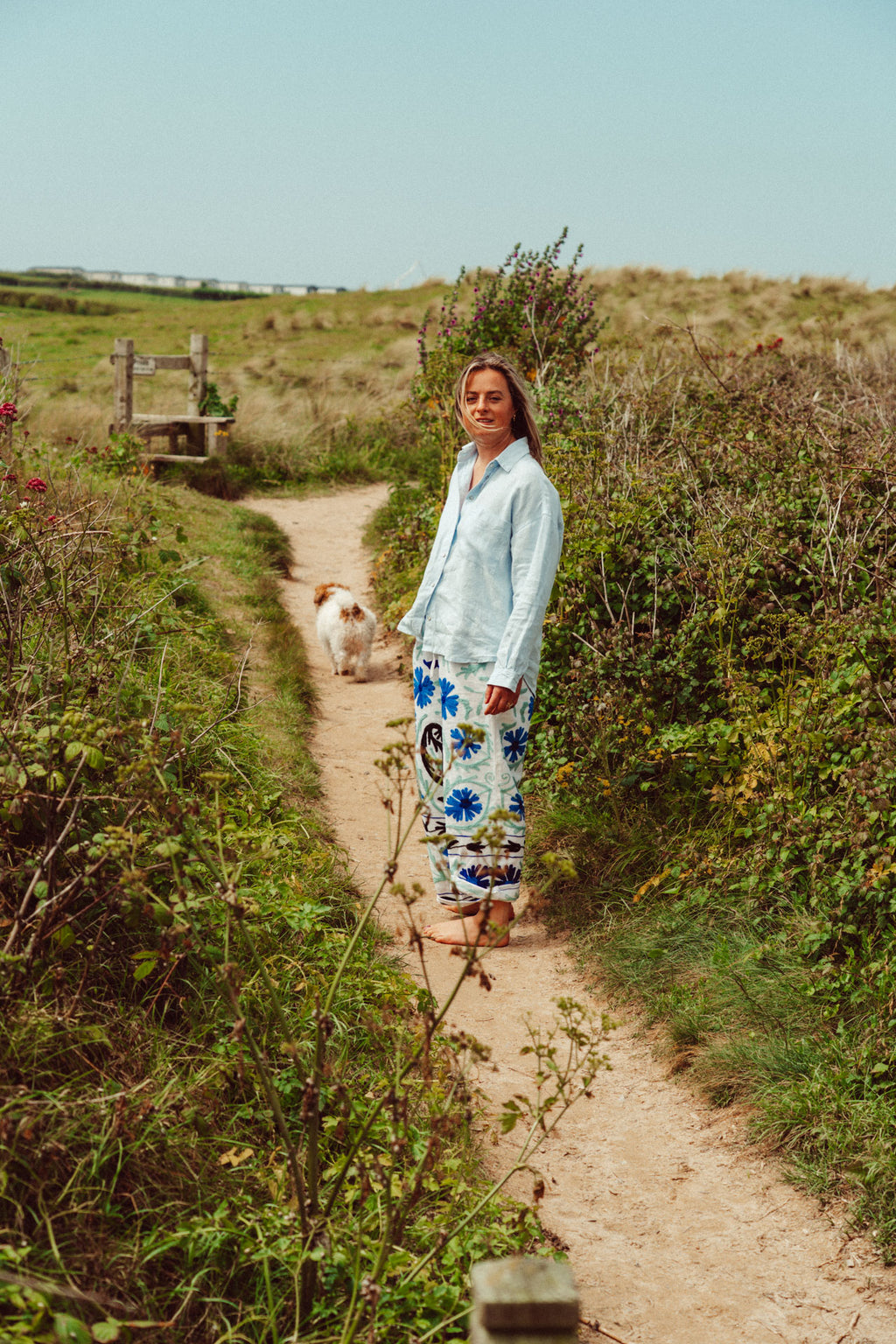 Suzani White with Multi Blue Cotton Trouser
