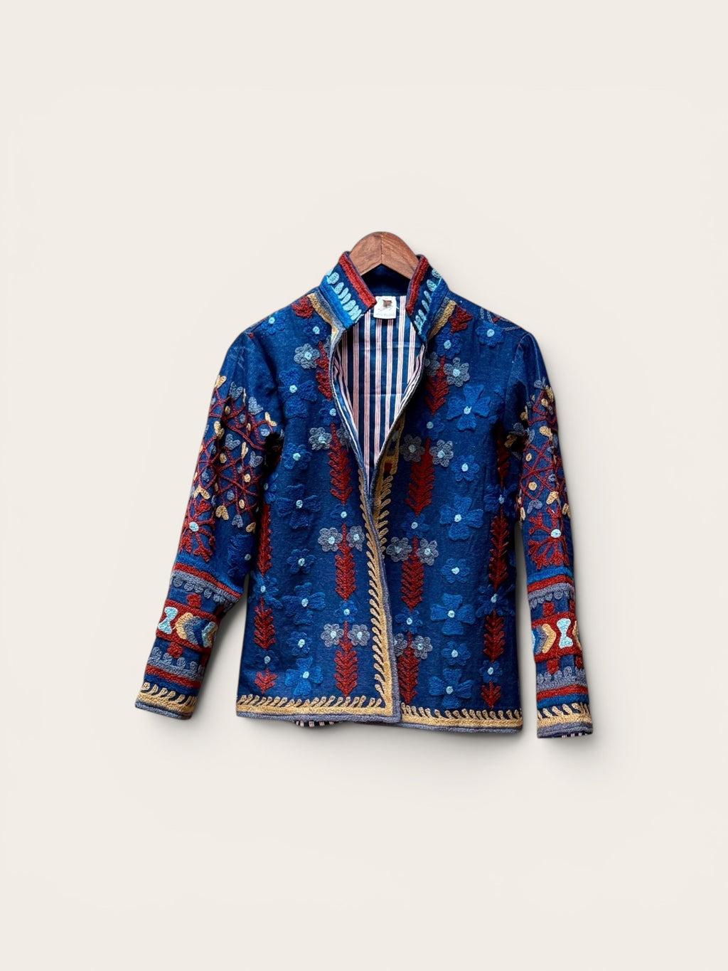 Suzani Cotton Demin Jacket: Blue & Red Stripe