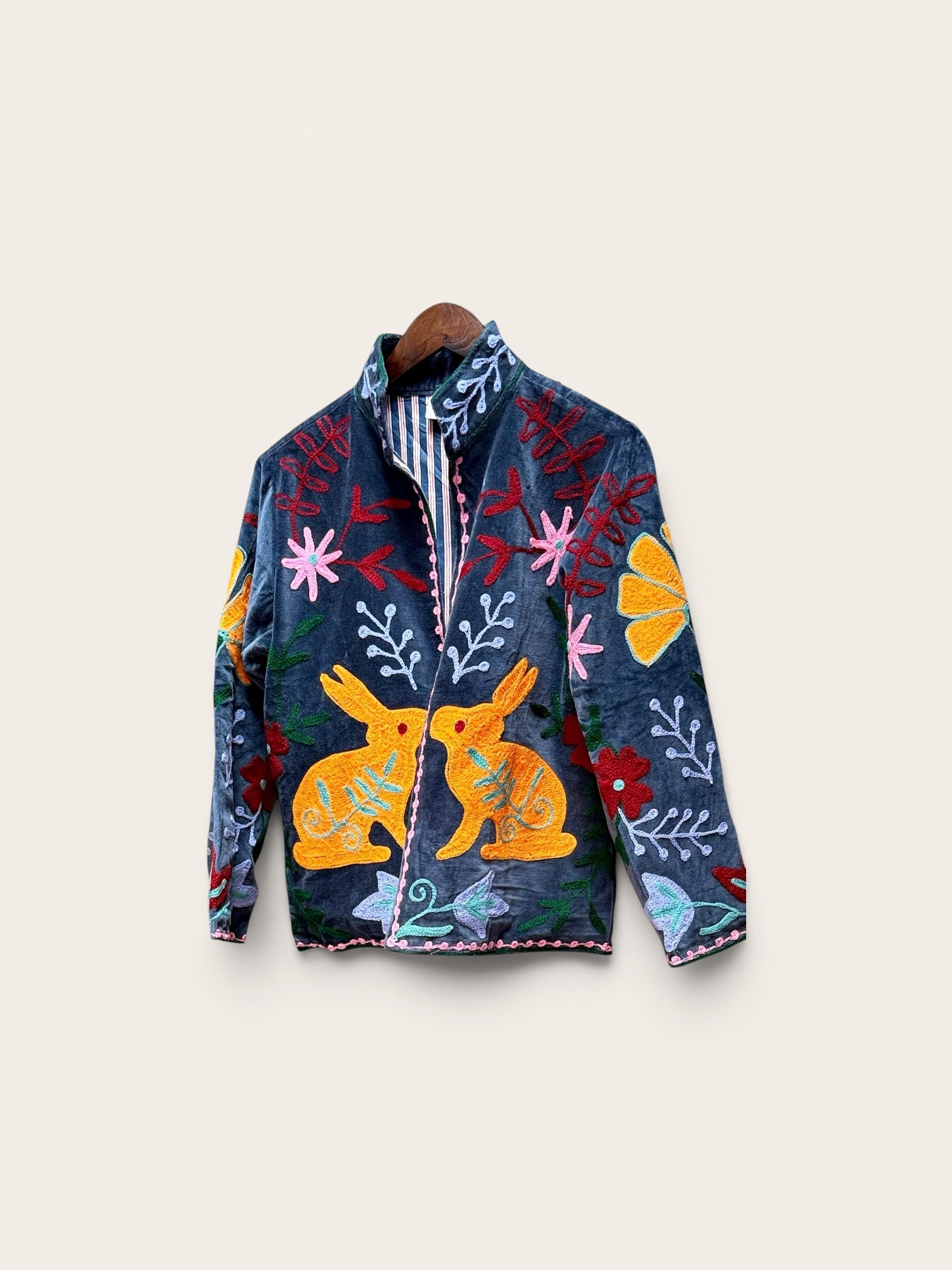Suzani Velvet Dark Dusty Blue Jacket: Golden Rabbit