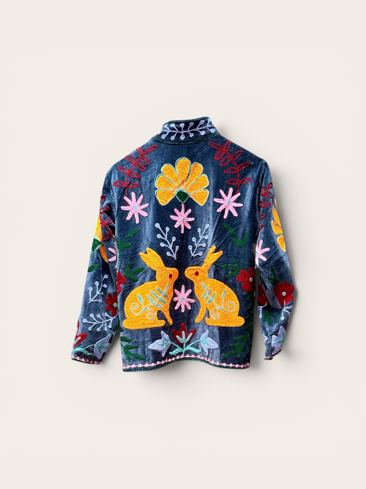 Suzani Velvet Dark Dusty Blue Jacket: Golden Rabbit