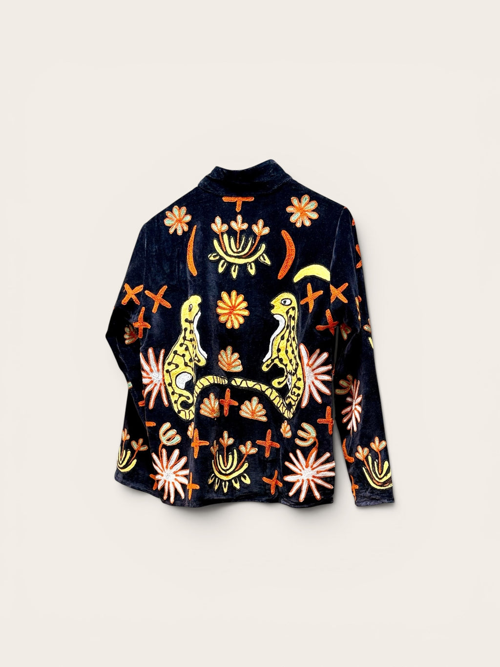 Suzani Velvet Dark Navy Jacket: Safari Leopard