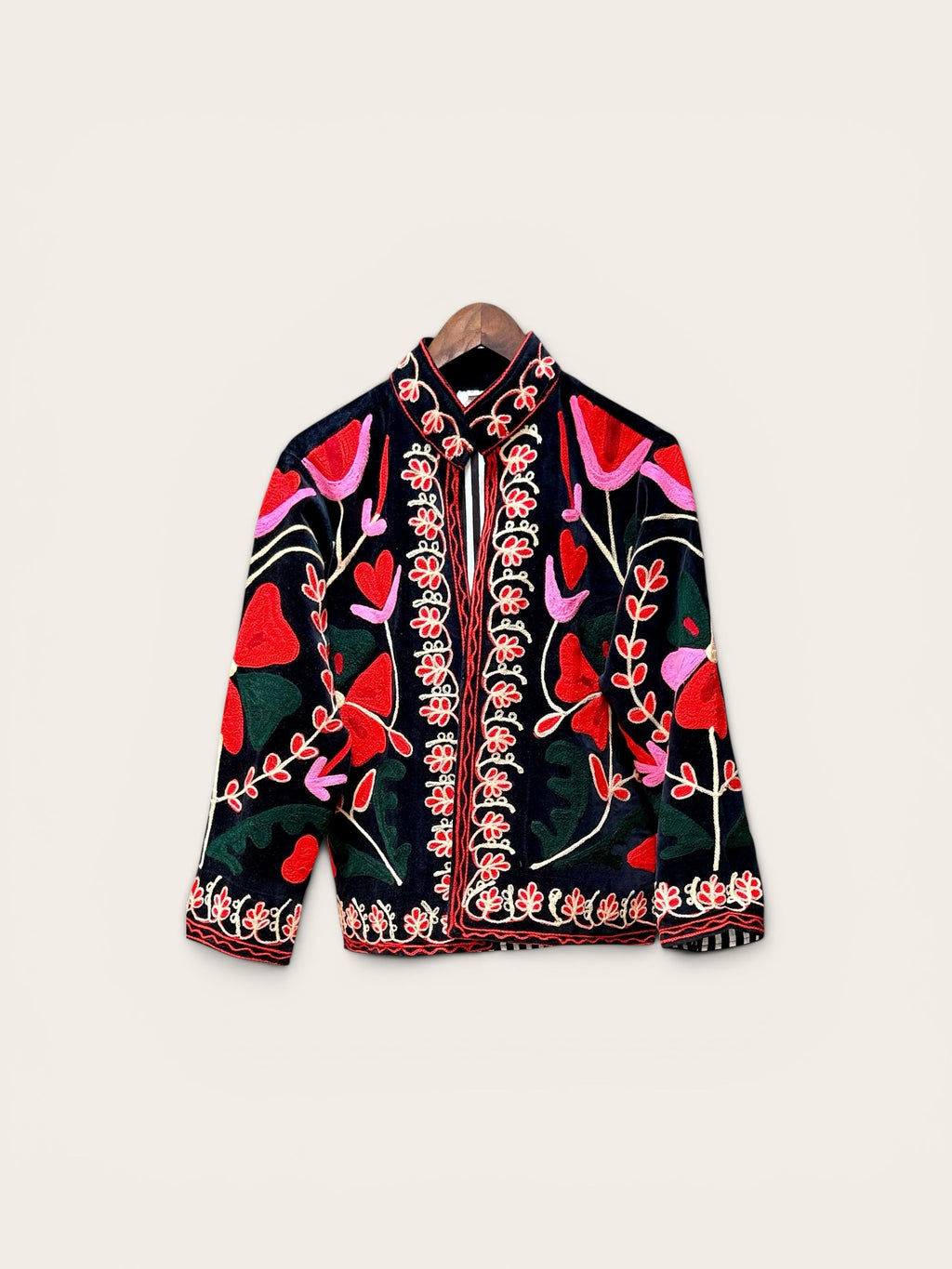 Suzani Velvet Dark Navy Jacket: Military Red & Pink Flower