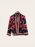 Suzani Velvet Dark Navy Jacket: Military Red & Pink Flower
