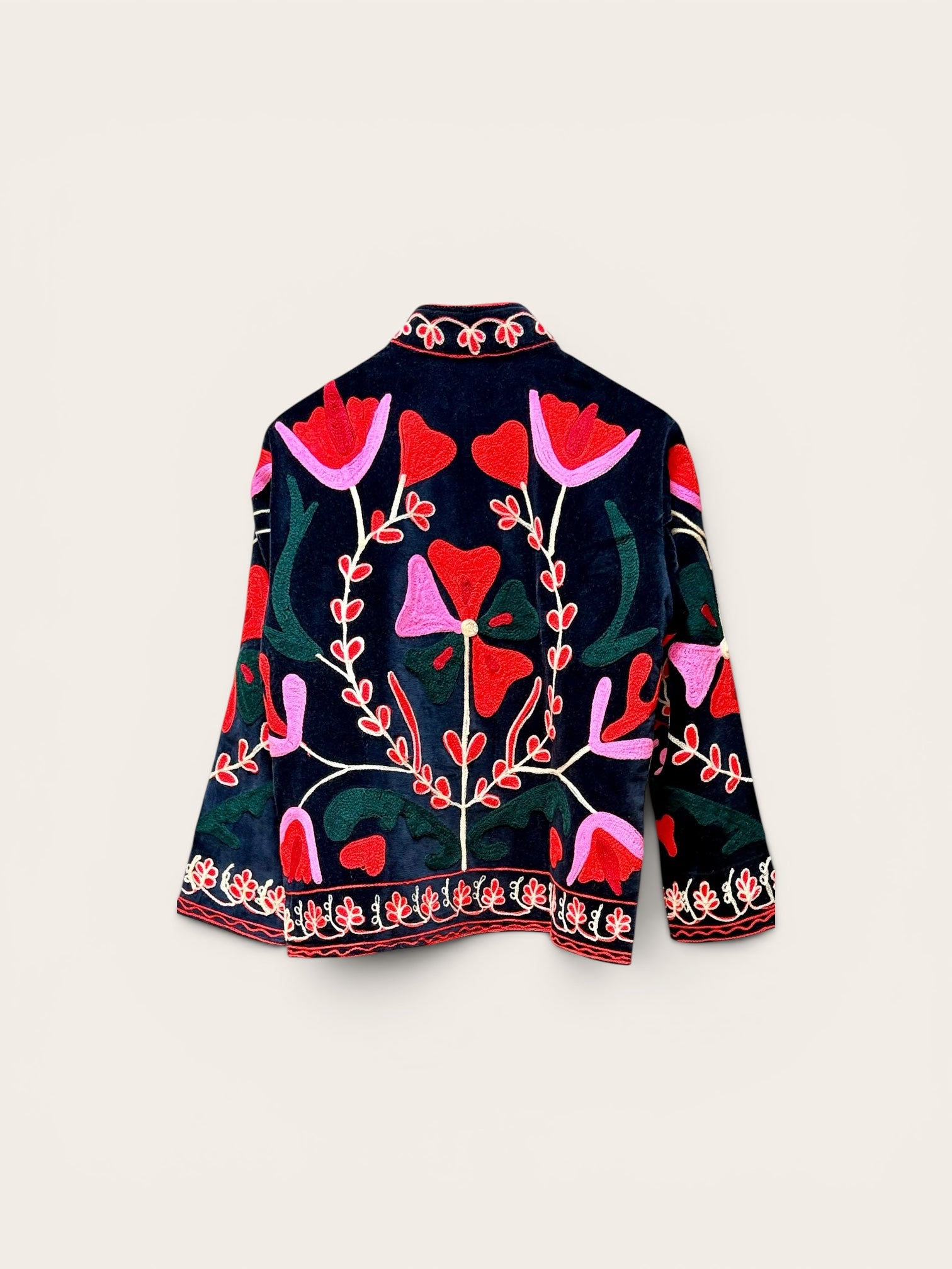 Suzani Velvet Dark Navy Jacket: Military Red & Pink Flower