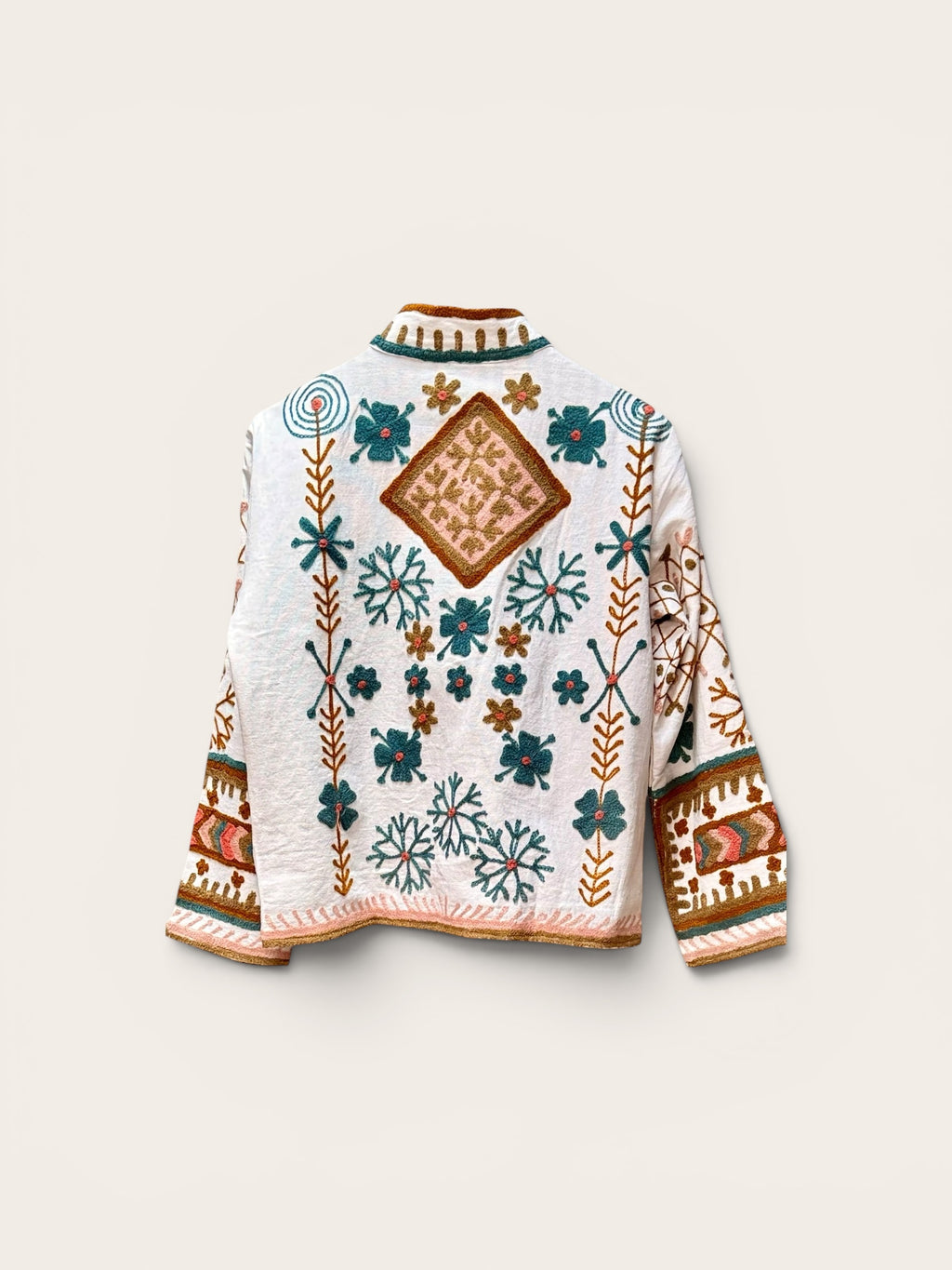 Suzani Denim White Jacket: Floral