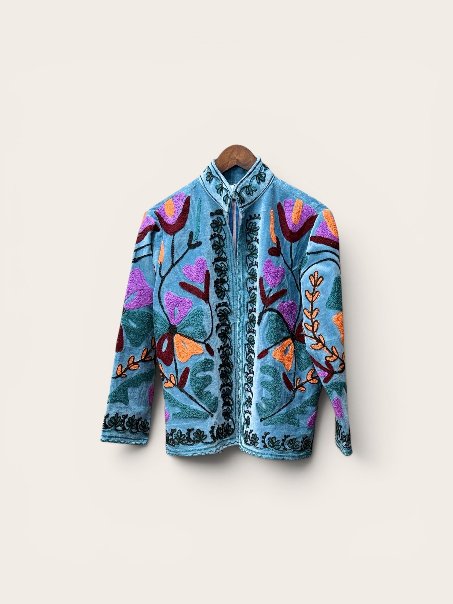 Suzani Aqua Velvet Jacket: Floral