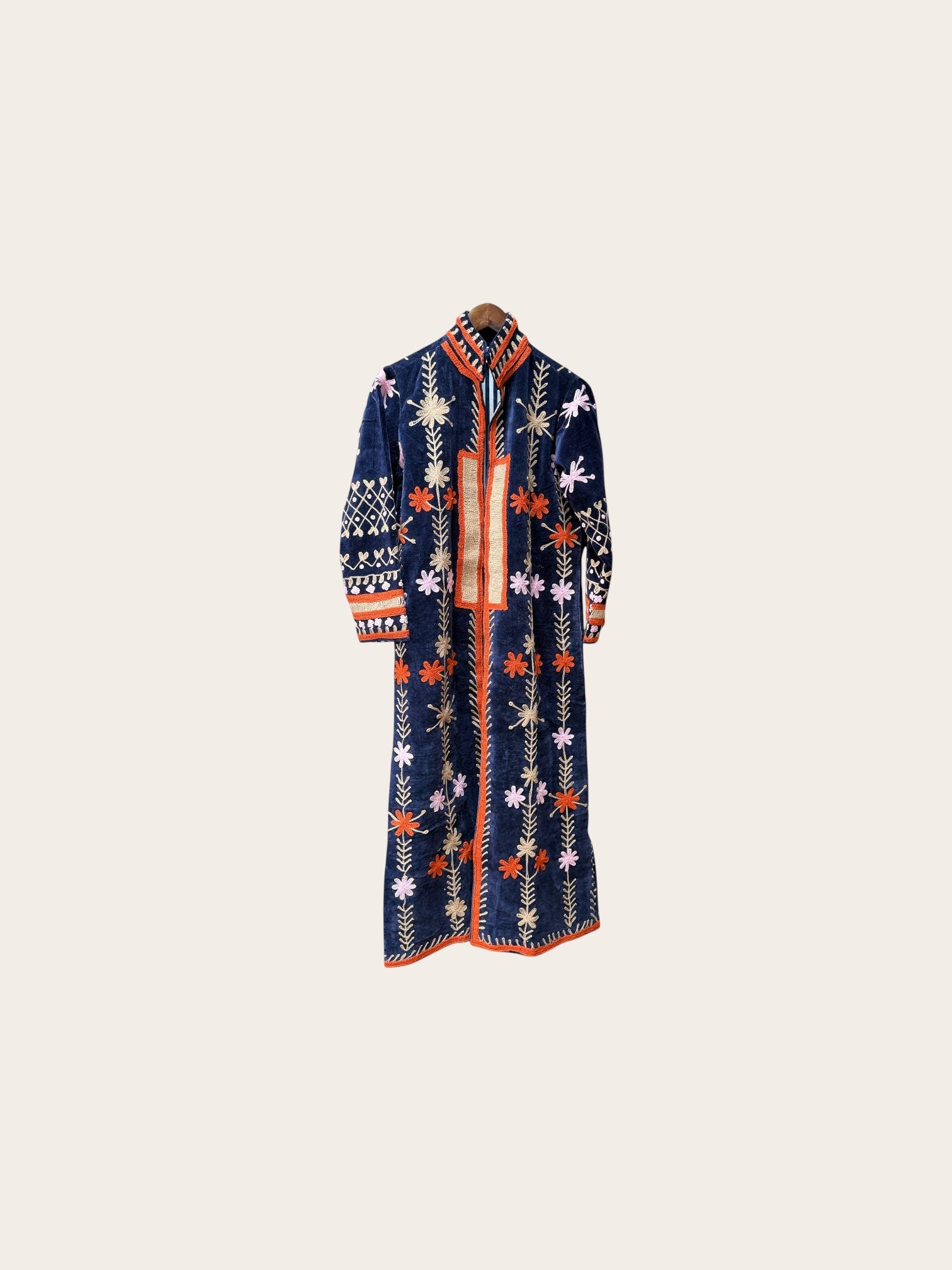 Suzani Velvet Dark Navy Jacket Long: Orange Floral