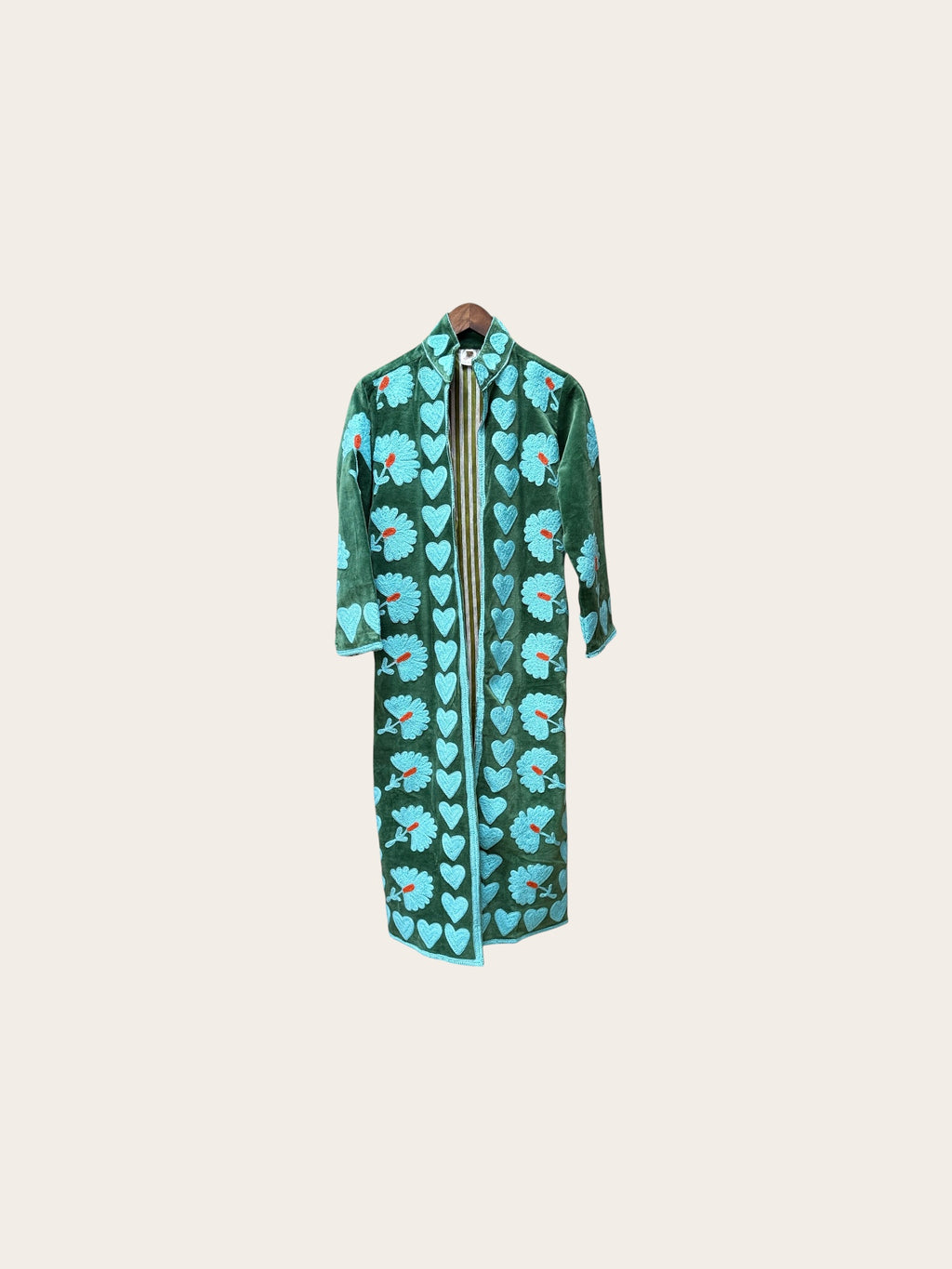 Suzani Velvet Green Jacket Long: Blue Hearts