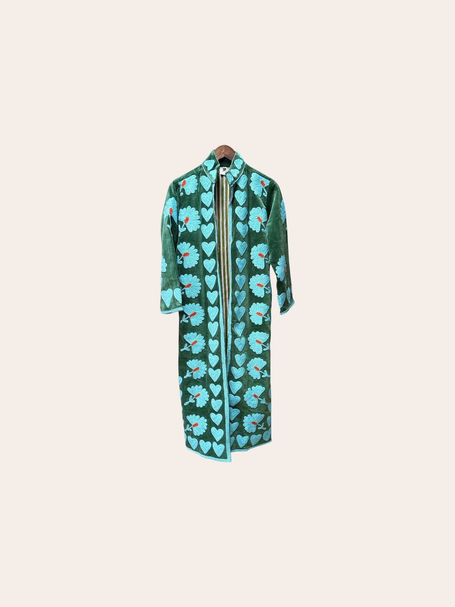 Suzani Velvet Green Jacket Long: Blue Hearts