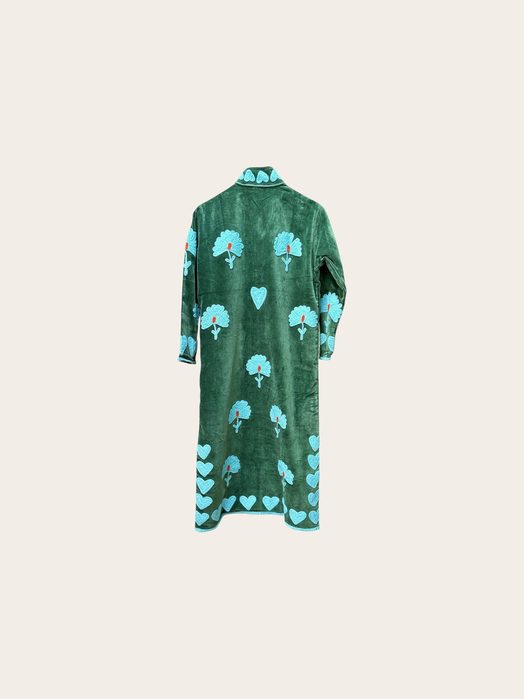 Suzani Velvet Green Jacket Long: Blue Hearts