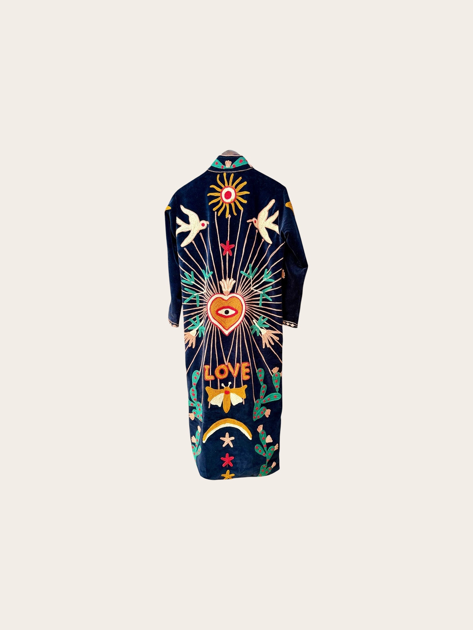 Suzani Velvet Dark Navy Jacket Long: Love & Doves