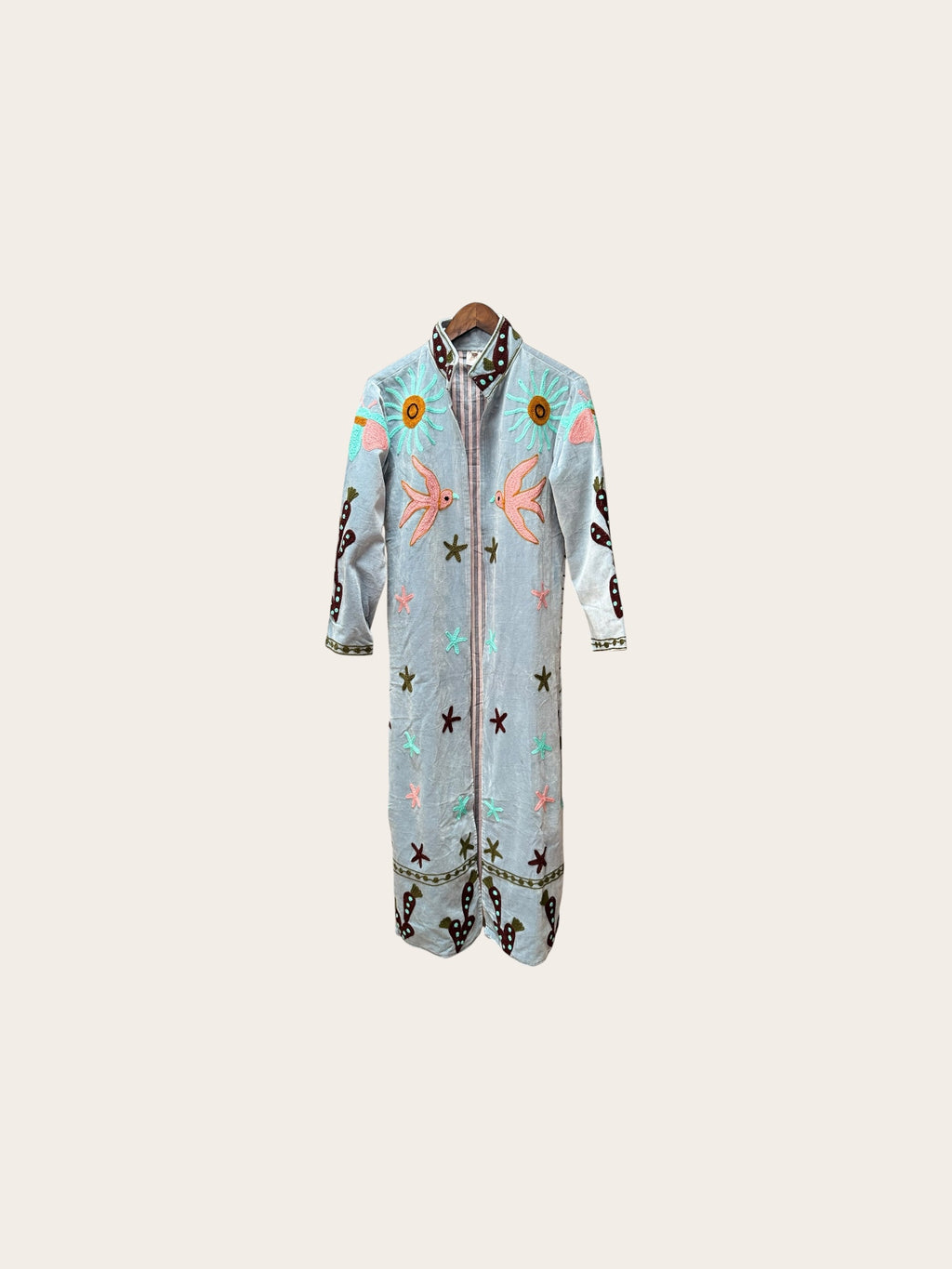 Suzani Sky Blue Long Velvet Jacket: Love