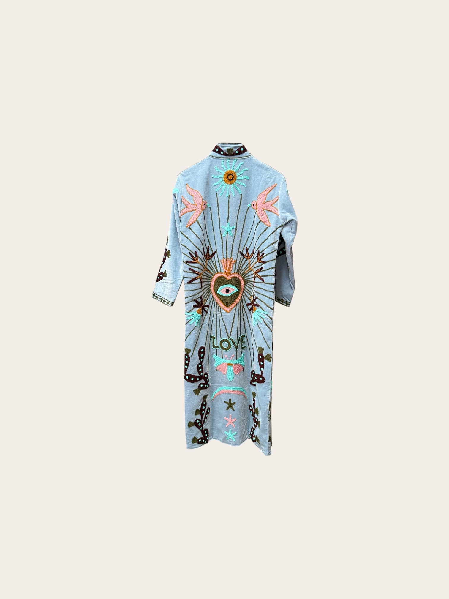 Suzani Sky Blue Long Velvet Jacket: Love