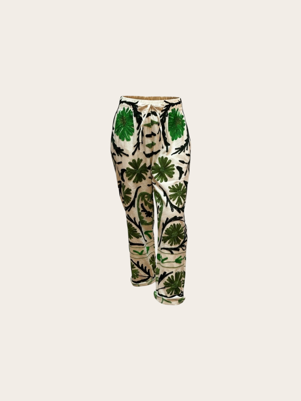 Suzani White with Multi Green Cotton Trouser
