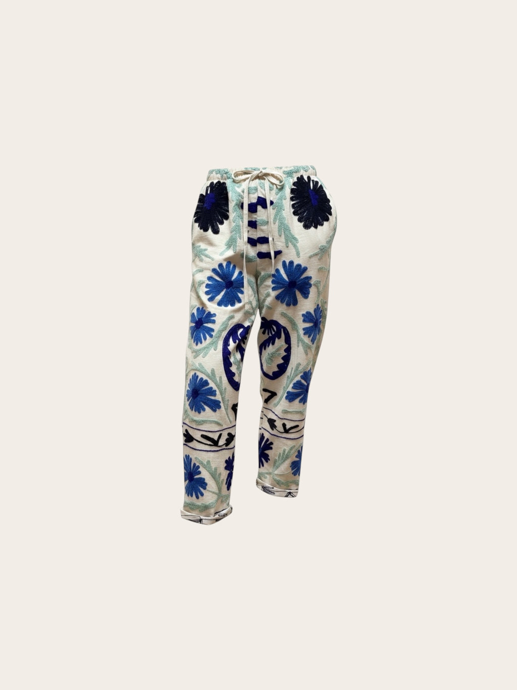 Suzani White with Multi Blue Cotton Trouser