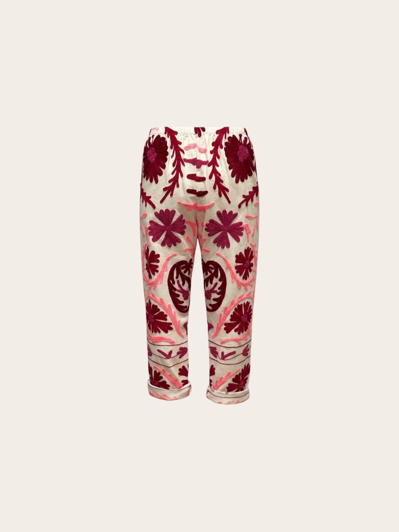 Suzani White with Red & Pink Cotton Trouser