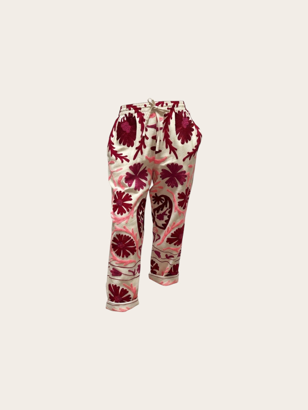 Suzani White with Red & Pink Cotton Trouser