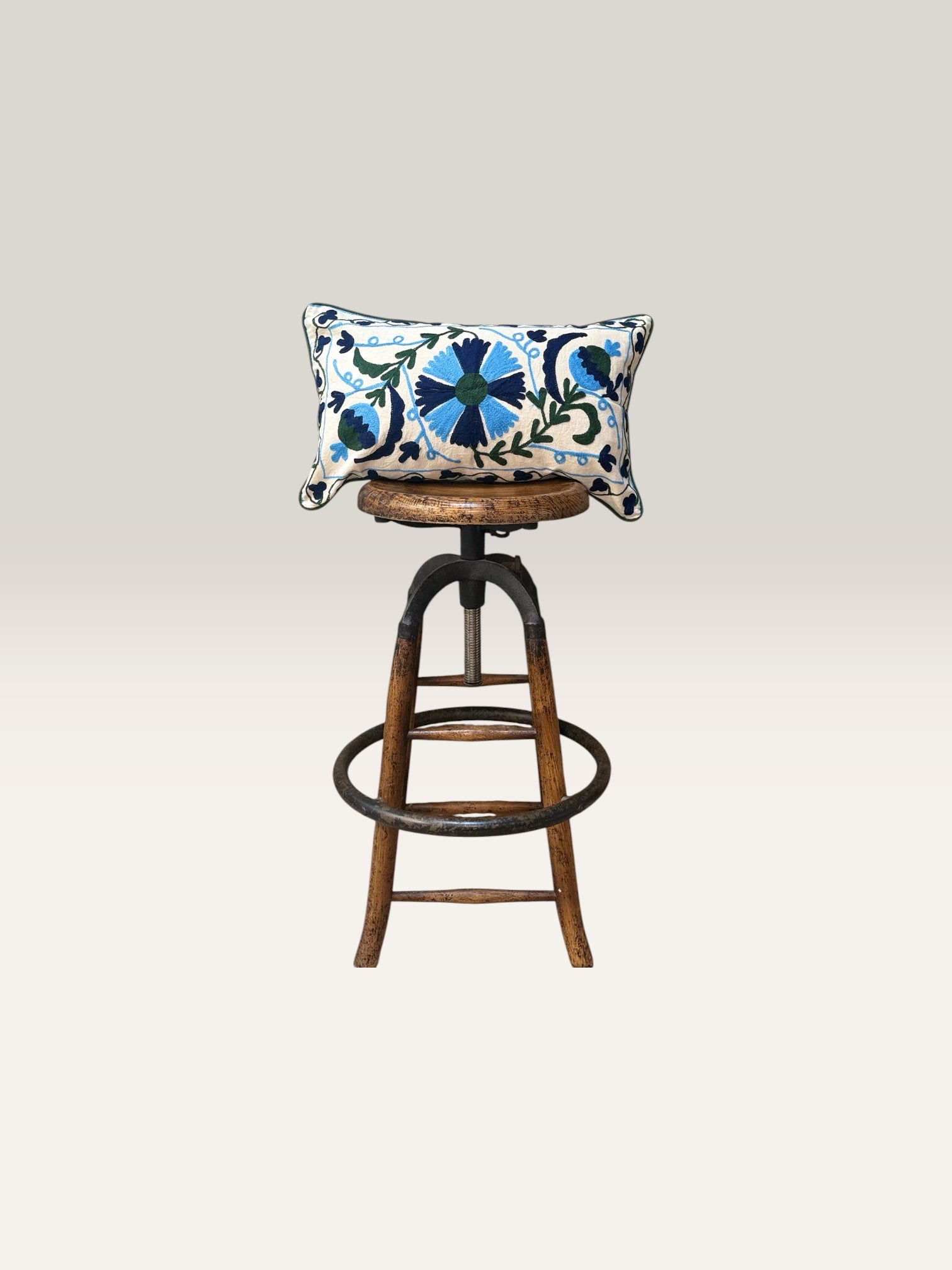 Suzani Natural Cotton Cushion with Blue & Green Embroidery