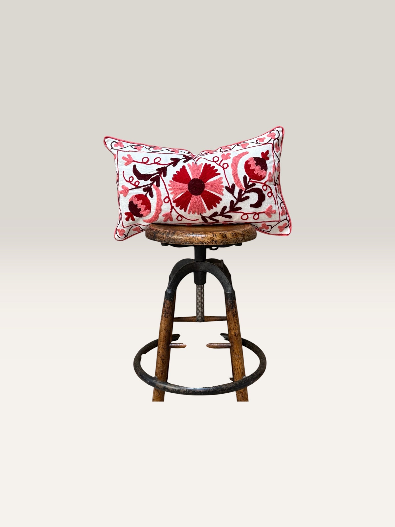 Suzani Natural Cotton Cushion with Pink & Red Embroidery