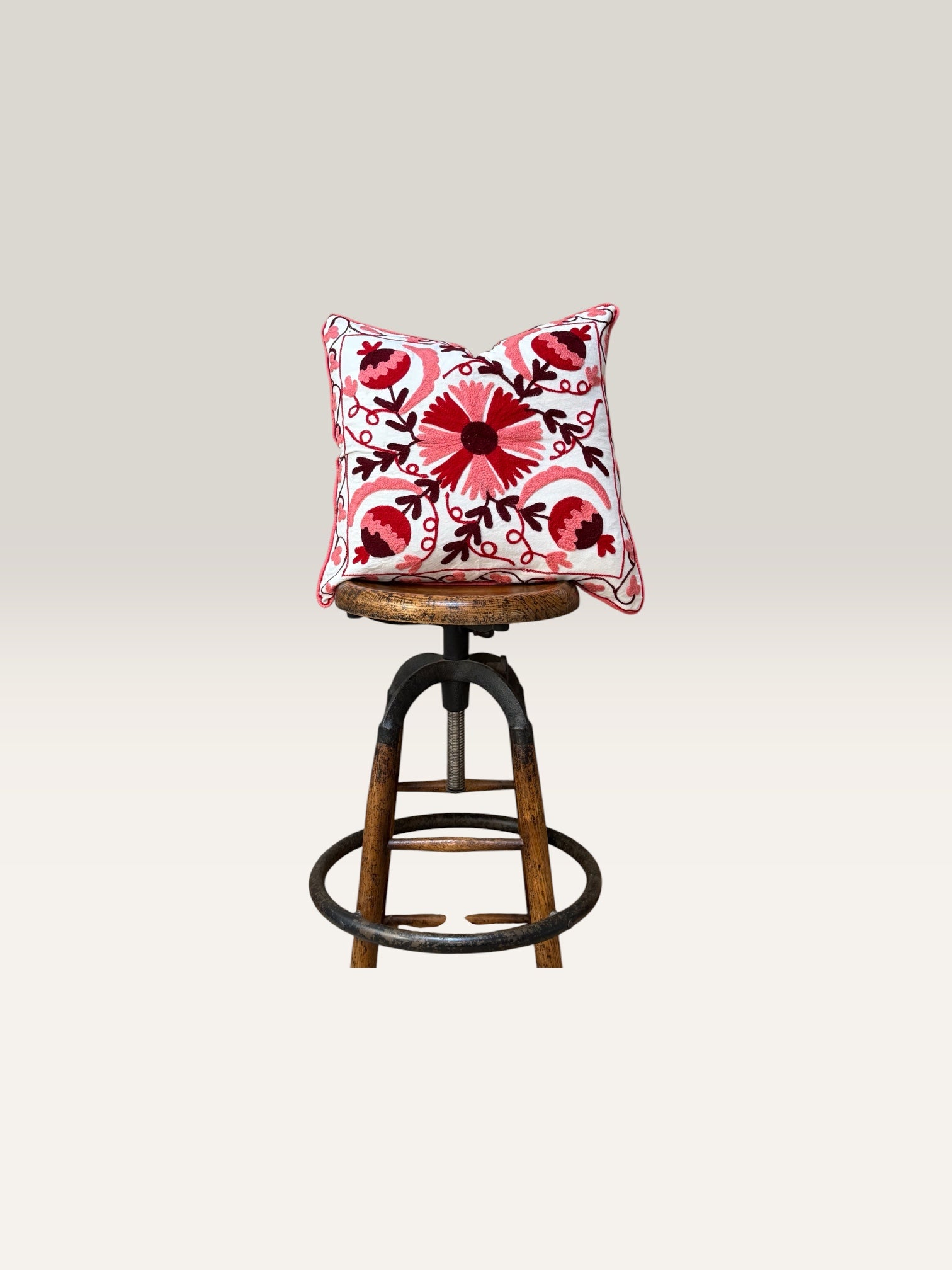 Suzani Natural Cotton Cushion Square with Red & Pink Embroidery